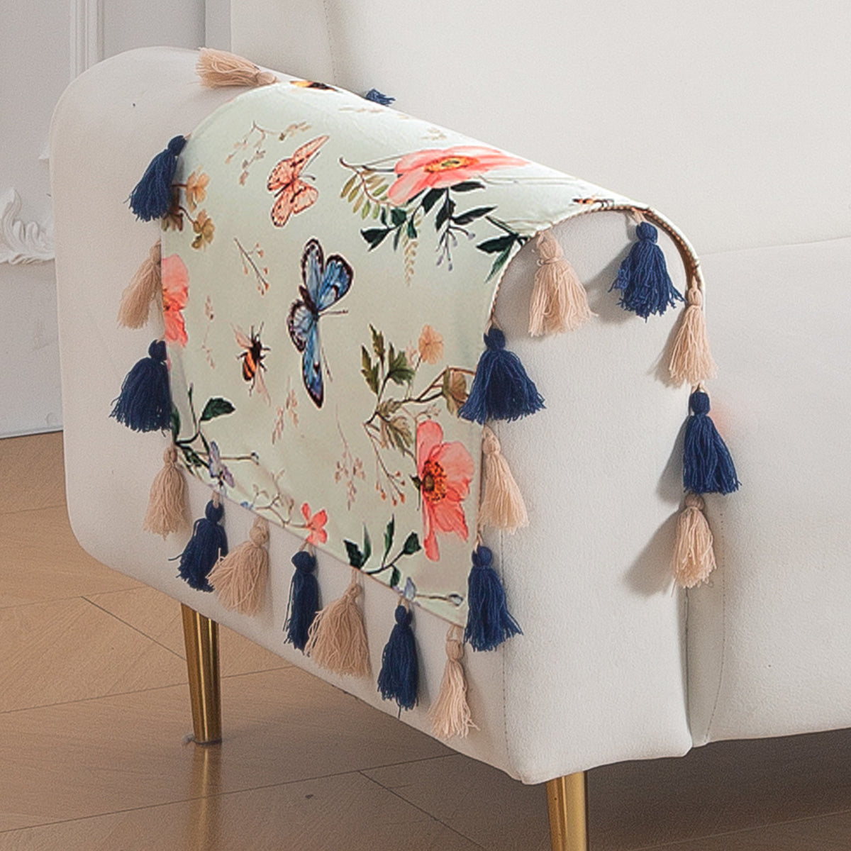 'Whispers of Nature' Series Holland Velvet Sofa Mat with Tassel, Pastel Butterfly Meadow