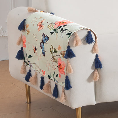 'Whispers of Nature' Series Holland Velvet Sofa Mat with Tassel, Pastel Butterfly Meadow
