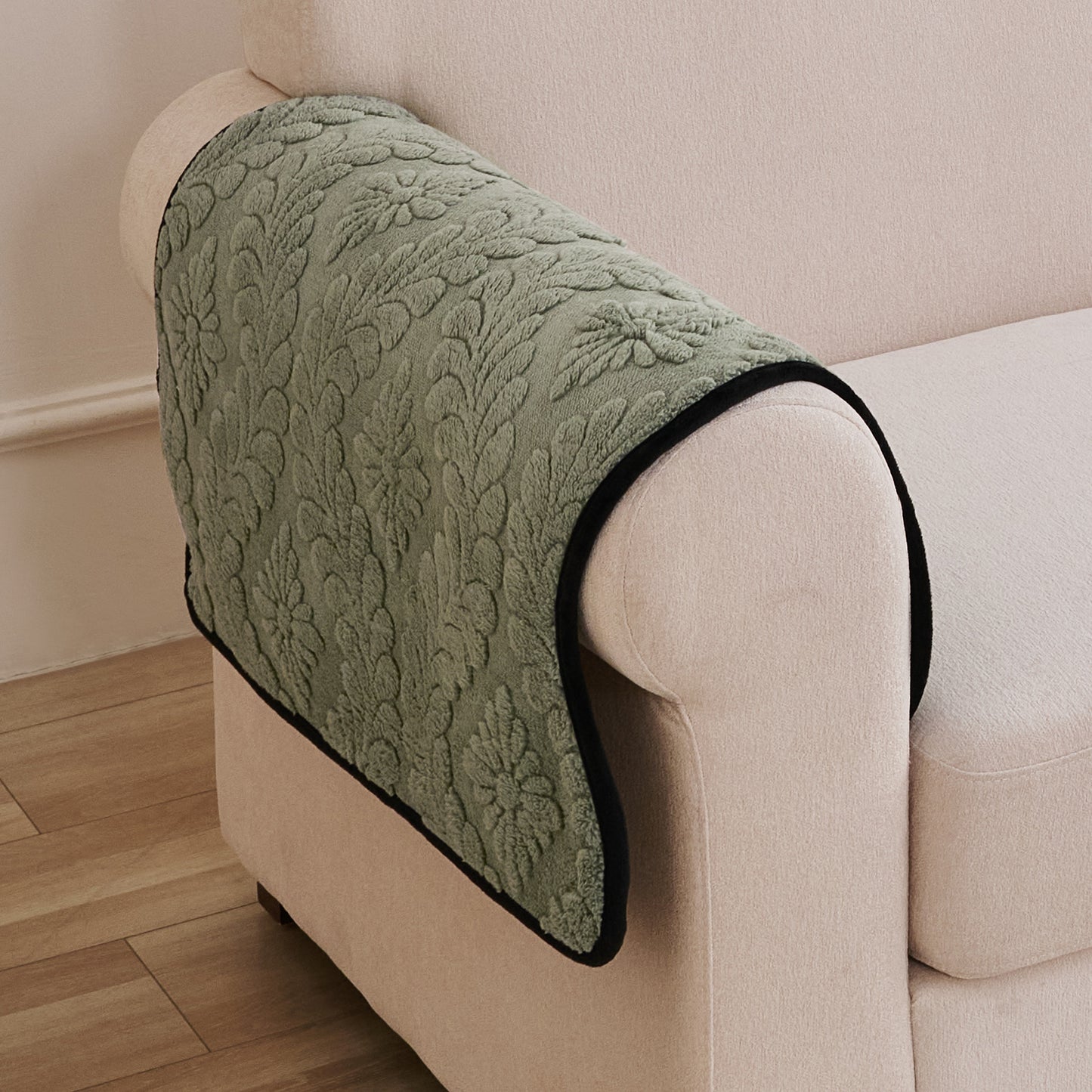 Embossed Floral Jacquard Anti-Slip Sofa Cover Mat, 'Wavy Petal Crest Series' Sage Green