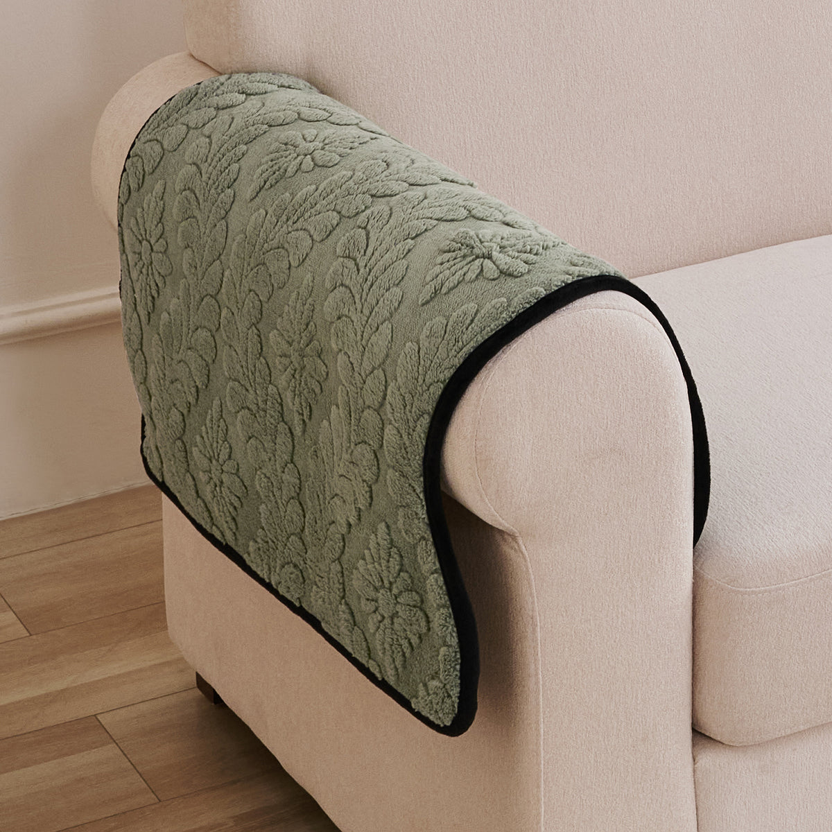 Embossed Floral Jacquard Anti-Slip Sofa Cover Mat, 'Wavy Petal Crest Series' Sage Green