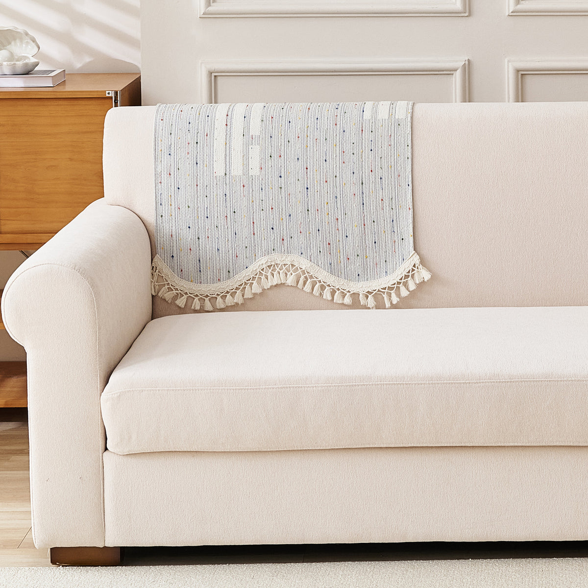 DreamWave Chenille with Tassels Sofa Cover Mat, Pearl Grey