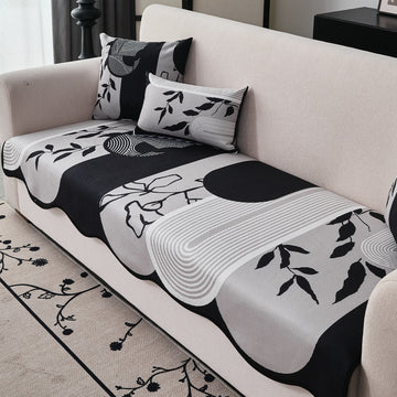 Arcea Chenille With Curved Edges Sofa Cover Mat, Grey Abstract Botanical