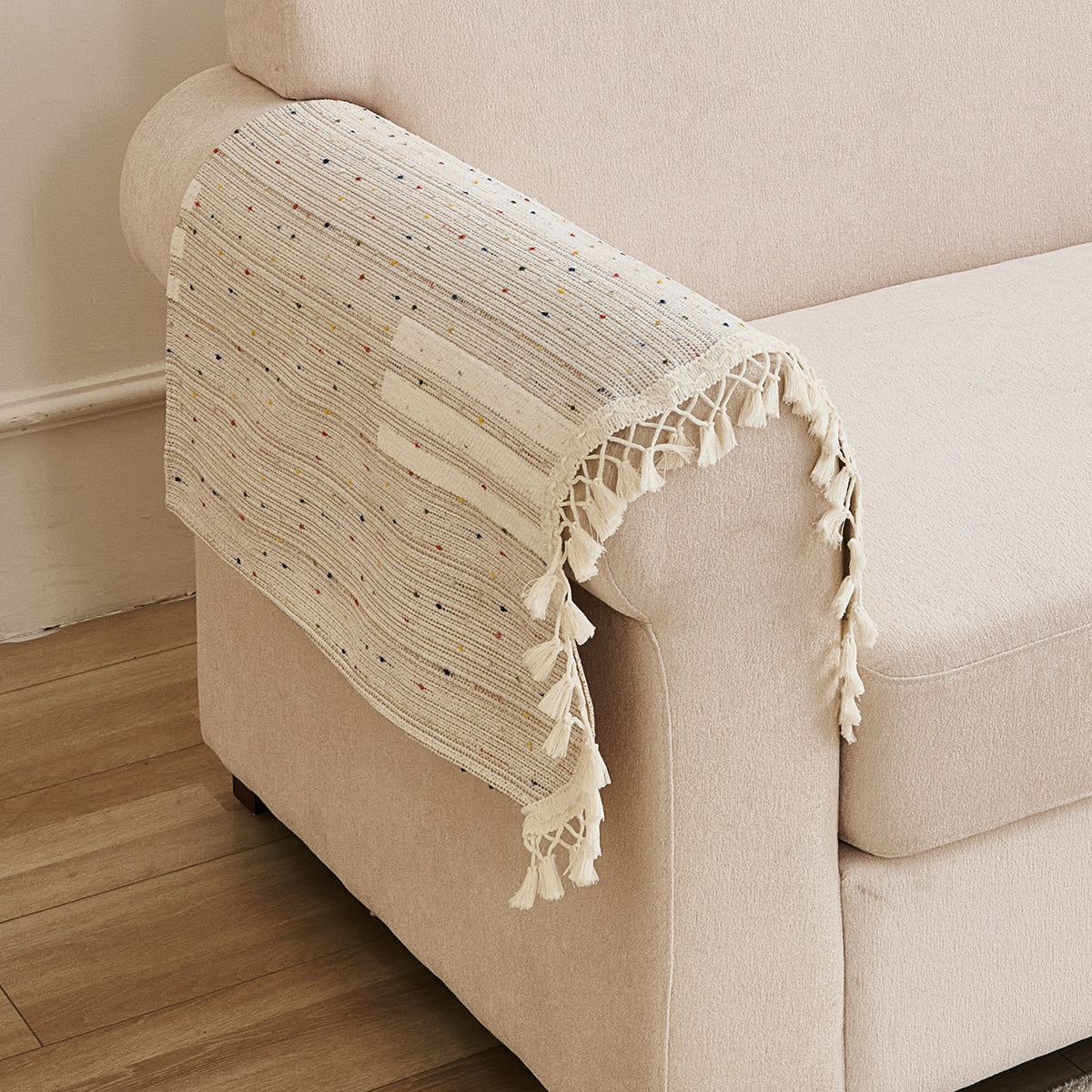 DreamWave Chenille with Tassels Sofa Cover Mat, Pastel Sand
