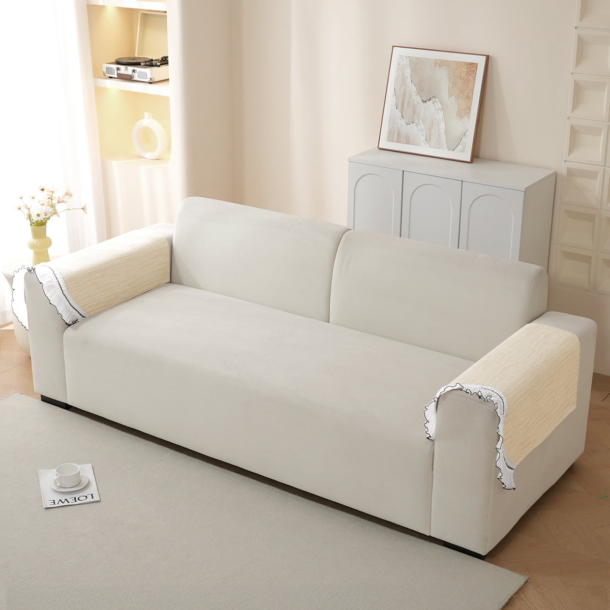French Lace & Luxe with White Ruffle Edge Sofa Cover Mat, Moonstone Beige