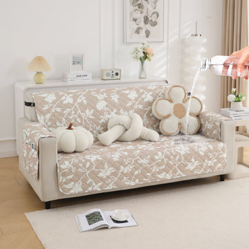 Waterproof & Quick-Dry Quilted Sofa Cover with Pockets on Armrest, Buff Brown Sillehoute Floral