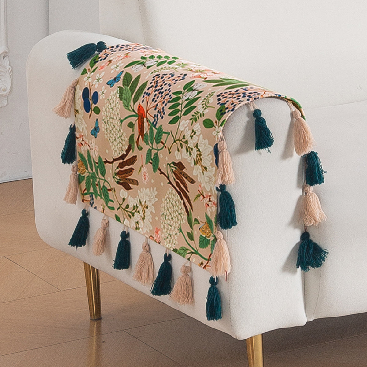 'Whispers of Nature' Series Holland Velvet Sofa Mat with Tassel, Beige Woodland Bloom
