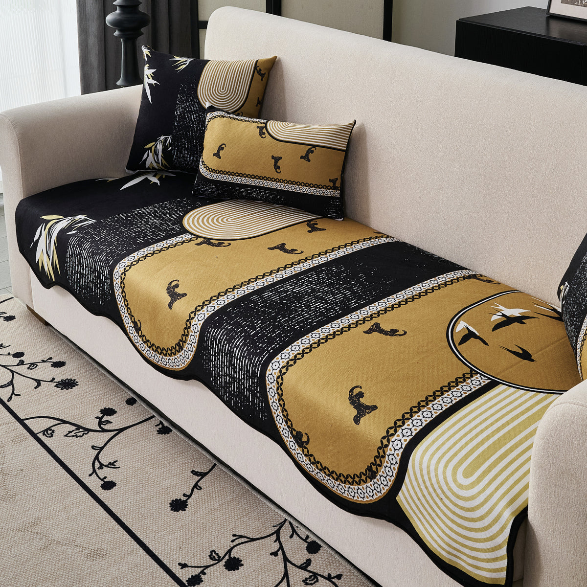 Arcea Chenille With Curved Edges Sofa Cover Mat, Mustard Gold Tribal