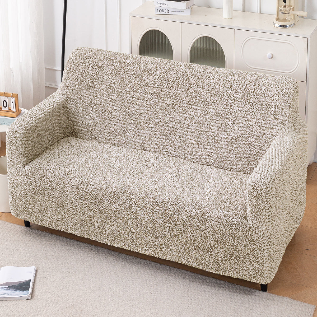 Italian Belissia Luxe Series' Super Stretchable Microfiber 1/2/3 Seater Sofa Cover, Snow Cream