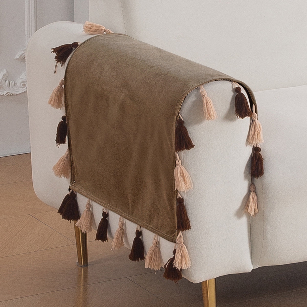 Tassel Tone Holland Velvet Sofa Cover Mat, Warm Taupe