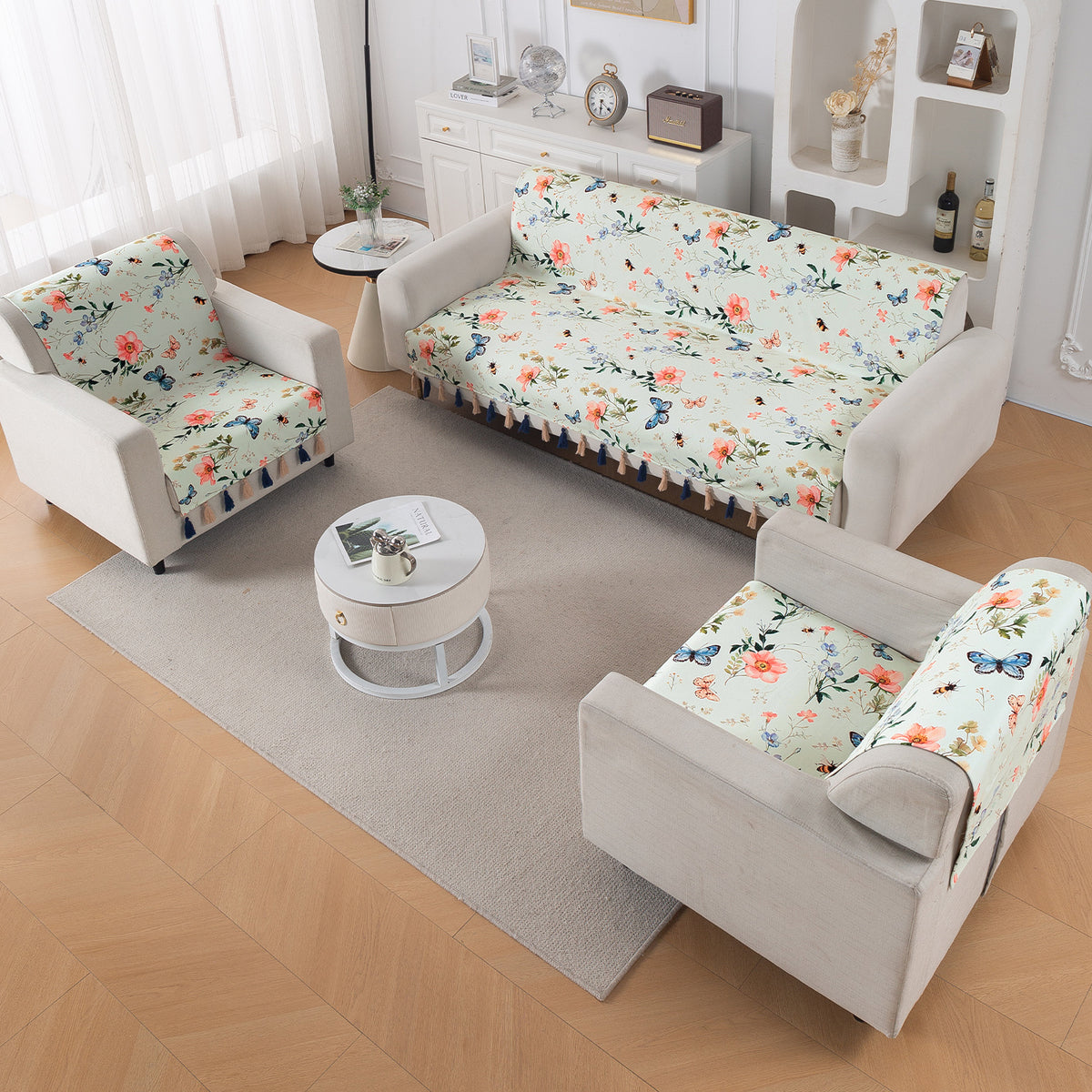 'Whispers of Nature' Series Holland Velvet Sofa Cover with Tassel, Pastel Butterfly Meadow