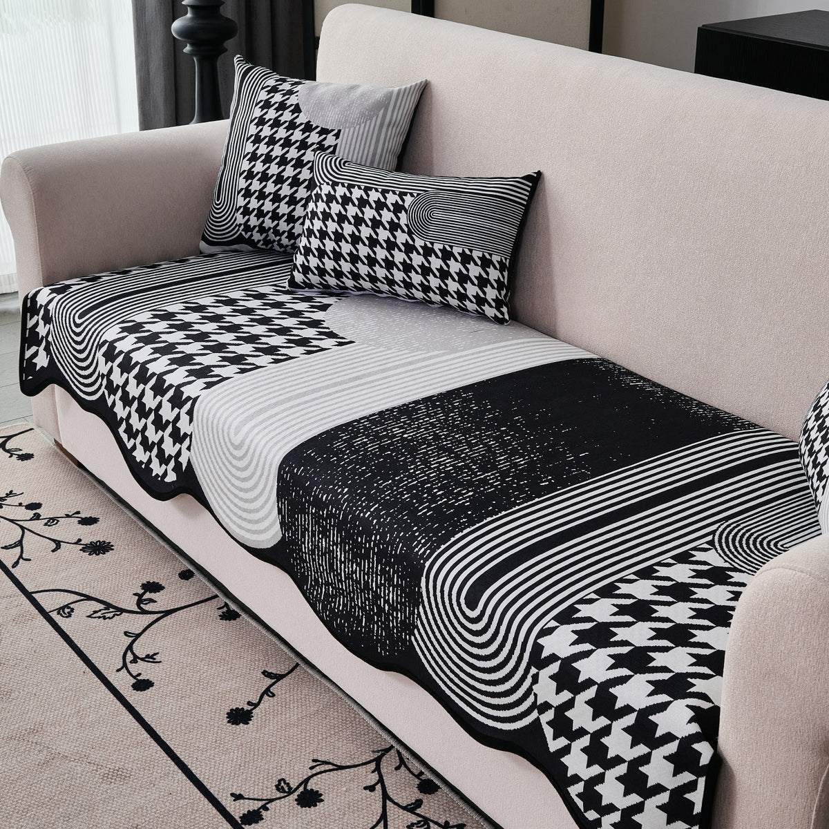 Arcea Chenille With Curved Edges Sofa Cover Mat, White Houndstooth