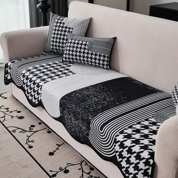 Arcea Chenille With Curved Edges Sofa Cover Mat, White Houndstooth