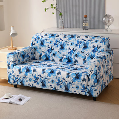 Premium Printed Velvet Sofa Cover 1/2/3 Seaters Fully Covered, Blue Azure Botanical
