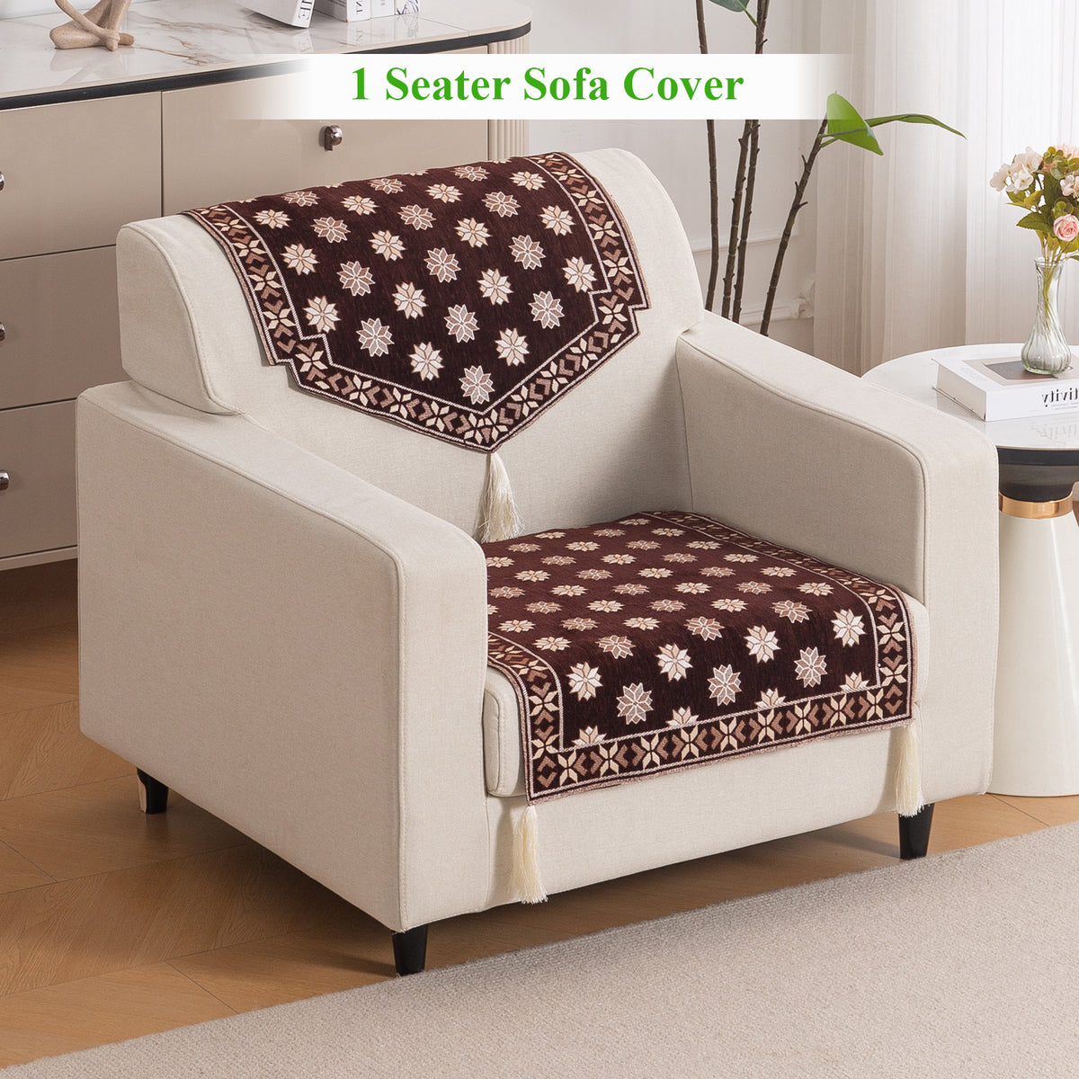 Heritage Weave Premium Jacquard Sofa Cover Set with Tassels - Coffee Brown