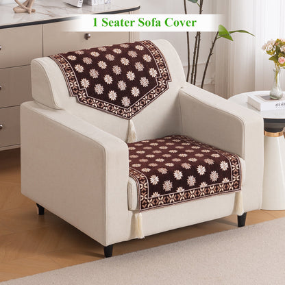 Heritage Weave Premium Jacquard Sofa Cover Set with Tassels - Coffee Brown