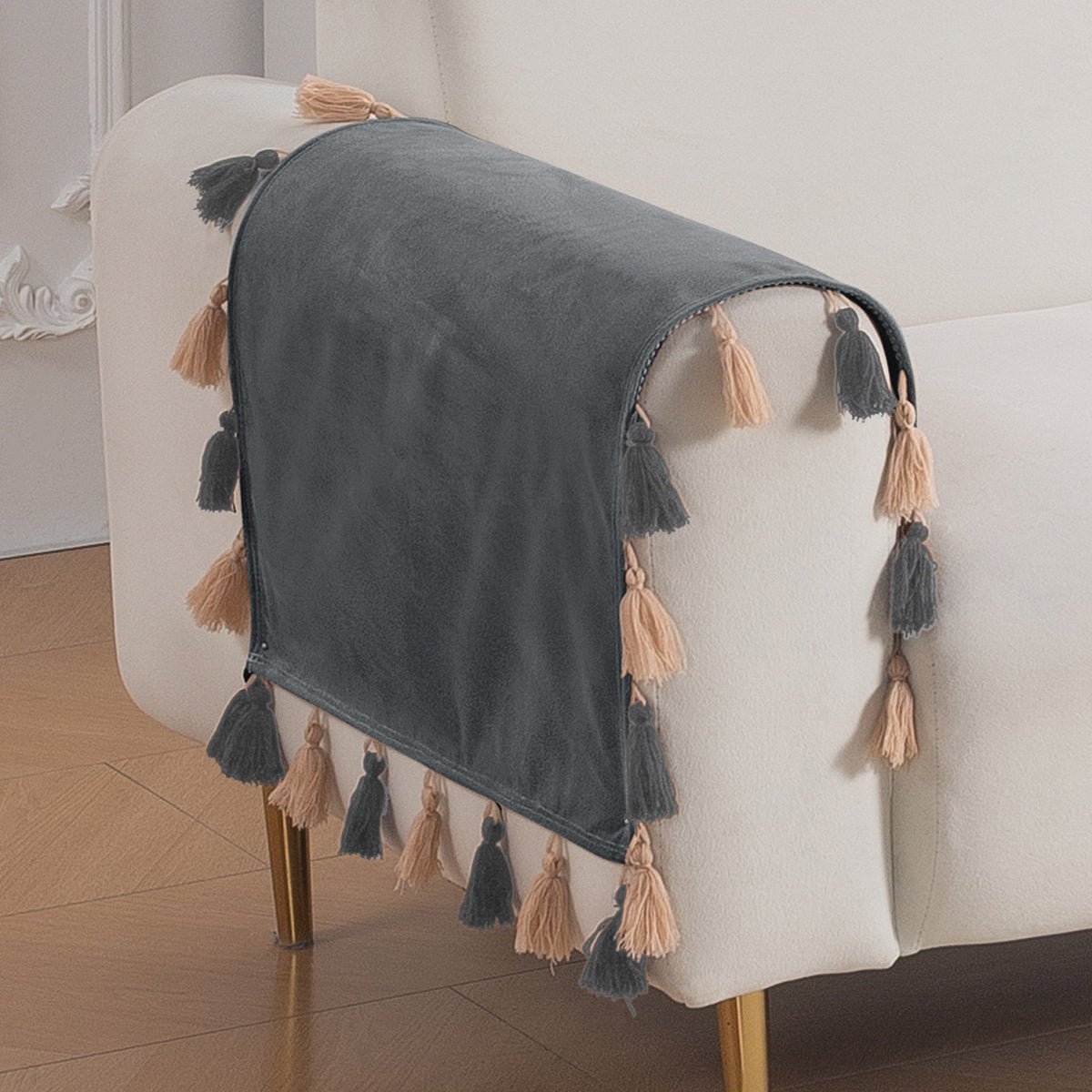 Tassel Tone Holland Velvet Sofa Cover Mat, Graphite Grey