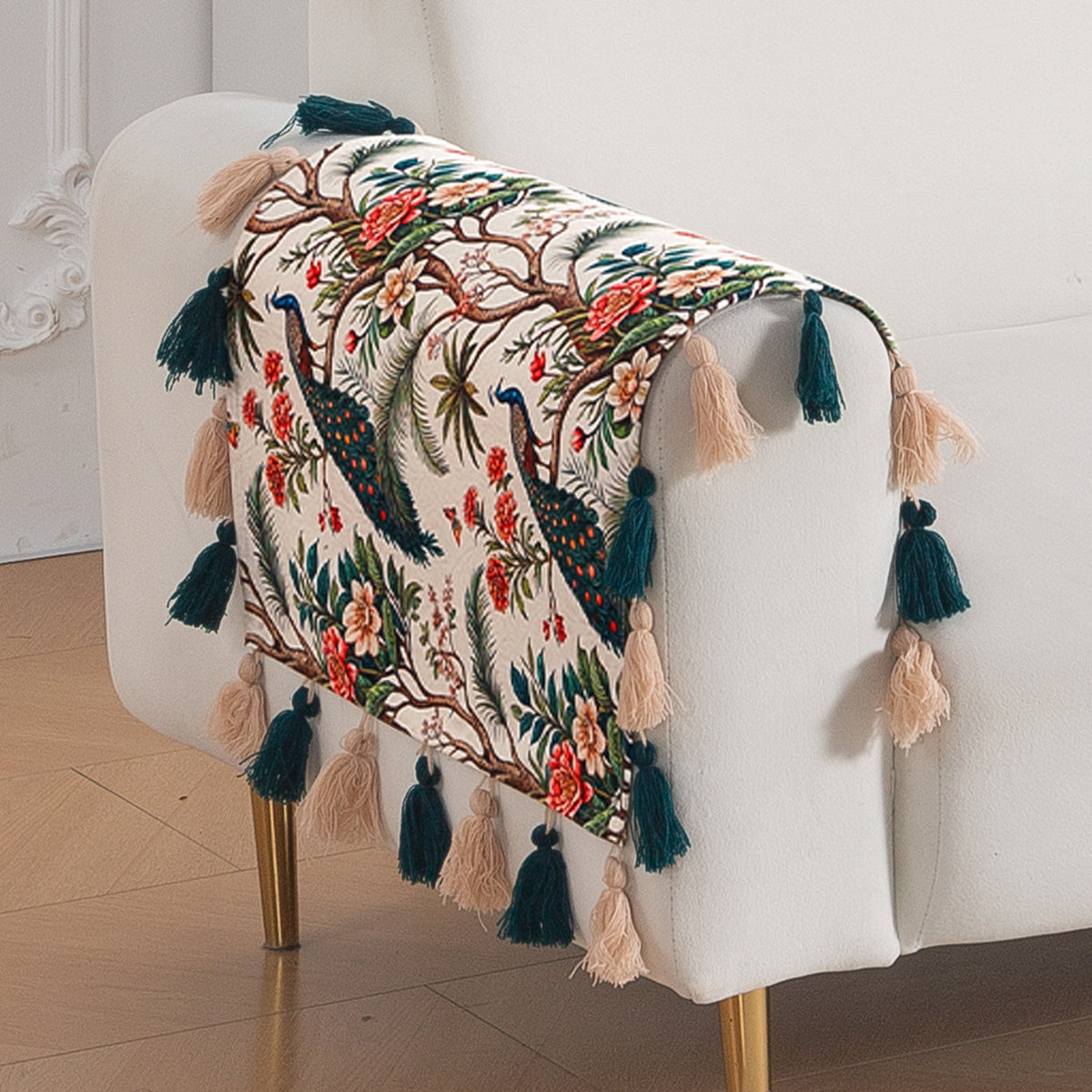 'Whispers of Nature' Series Holland Velvet Sofa Mat with Tassel, Multicolor Tropical Peacock