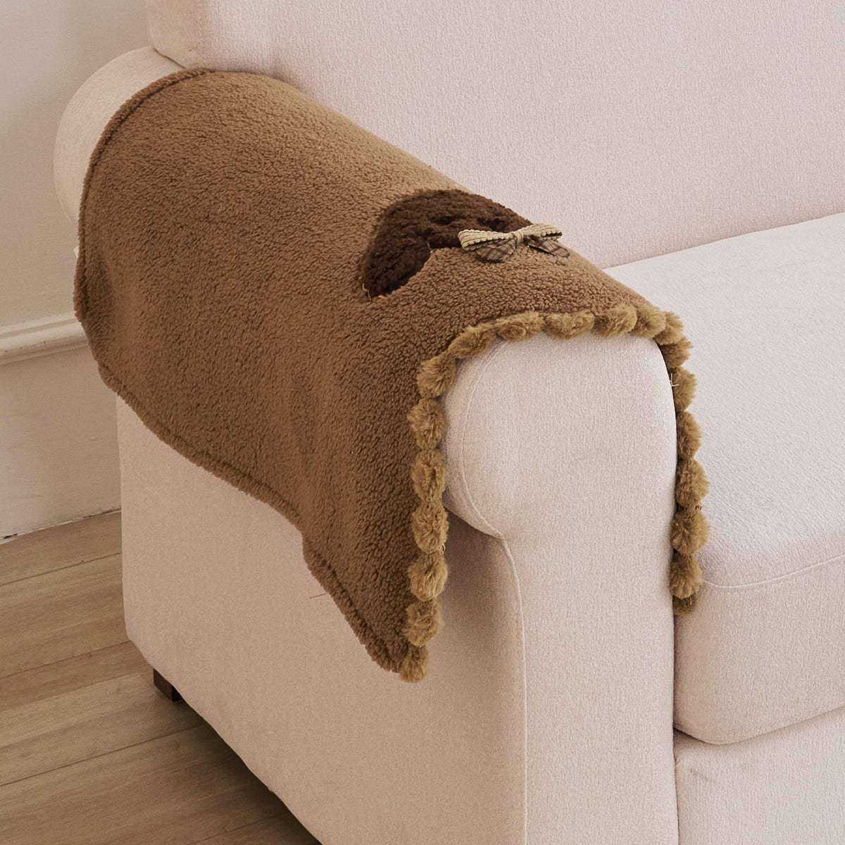 CloudHug Plush Sofa Cover Mat with PomPom and Wavy Edges, Mocha Cocoa