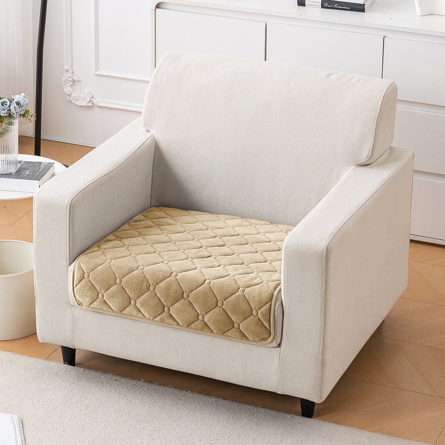 Diamond Tuft Plush Sofa Cover Mat, Sand Beige