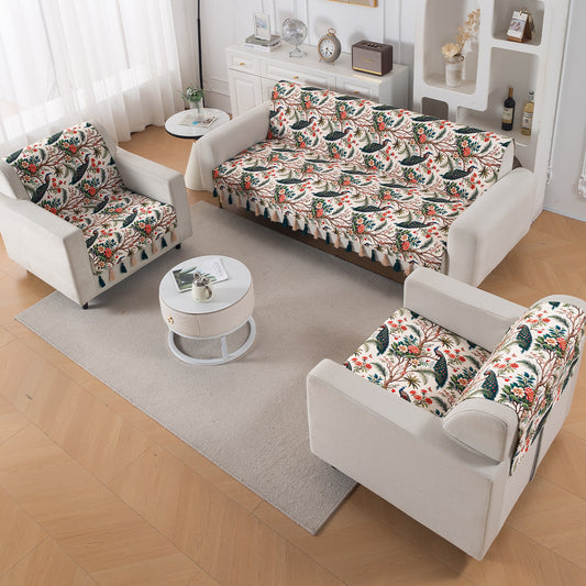 HOKIPO Holland Velvet 5-Seater Sofa Cover with Tassel (3+1+1), Multicolor Tropical Peacock