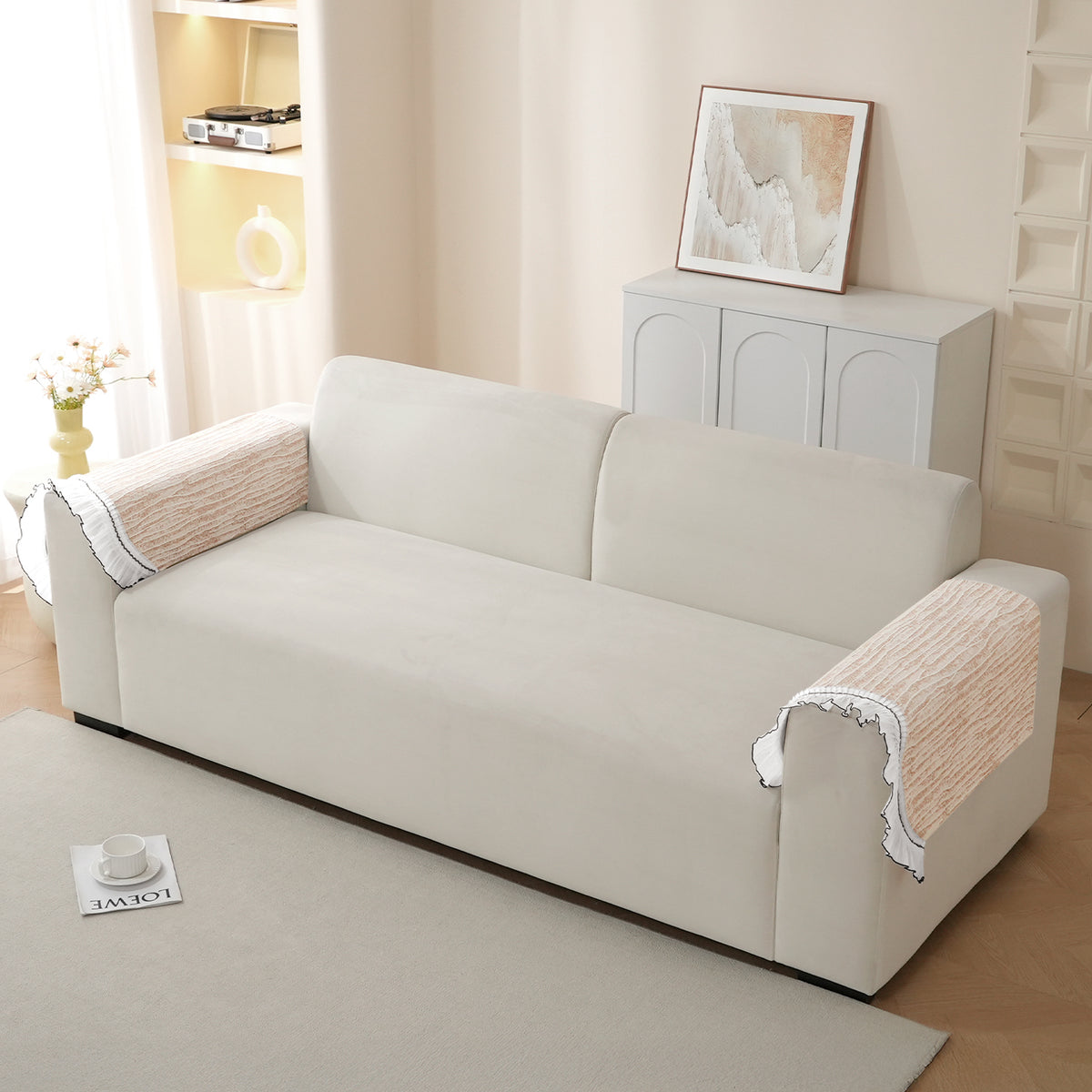 French Lace & Luxe with White Ruffle Edge Sofa Cover Mat, Oakwood Brown