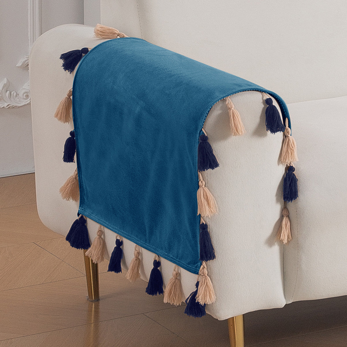 Tassel Tone Holland Velvet Sofa Cover Mat, Sea Blue