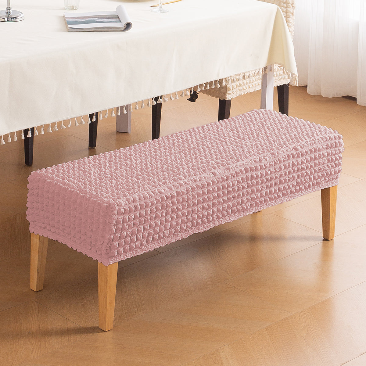 Aria Nova 280 GSM Stretchable Bubble Dining Bench Cover, Tea Rose Pink