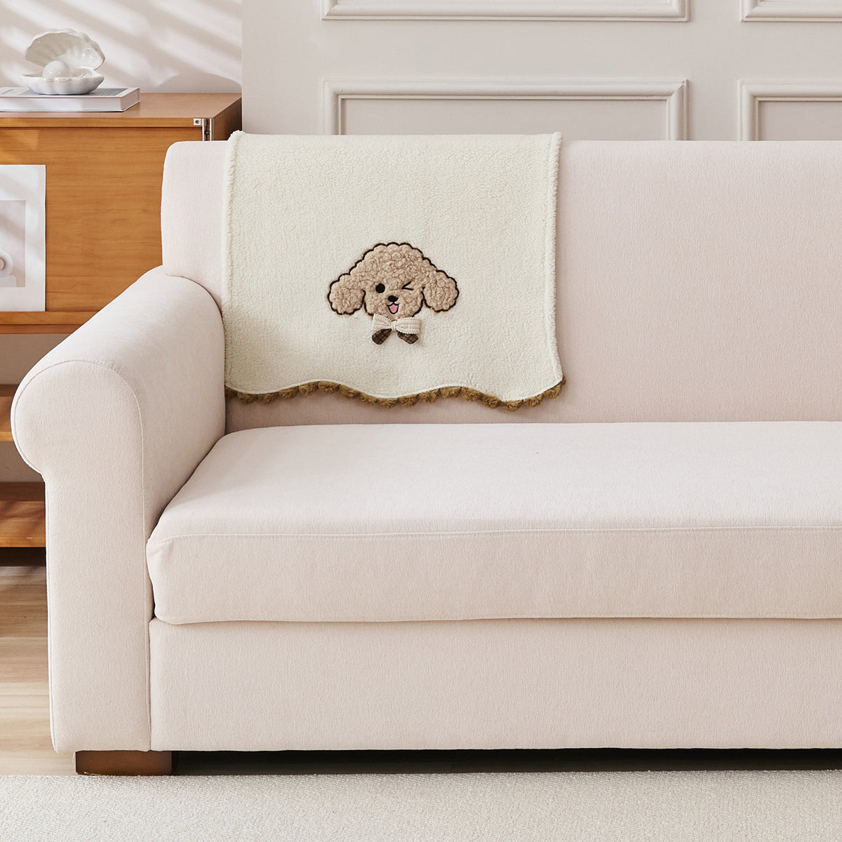 CloudHug Plush Sofa Cover Mat with PomPom and Wavy Edges, Ivory Cream