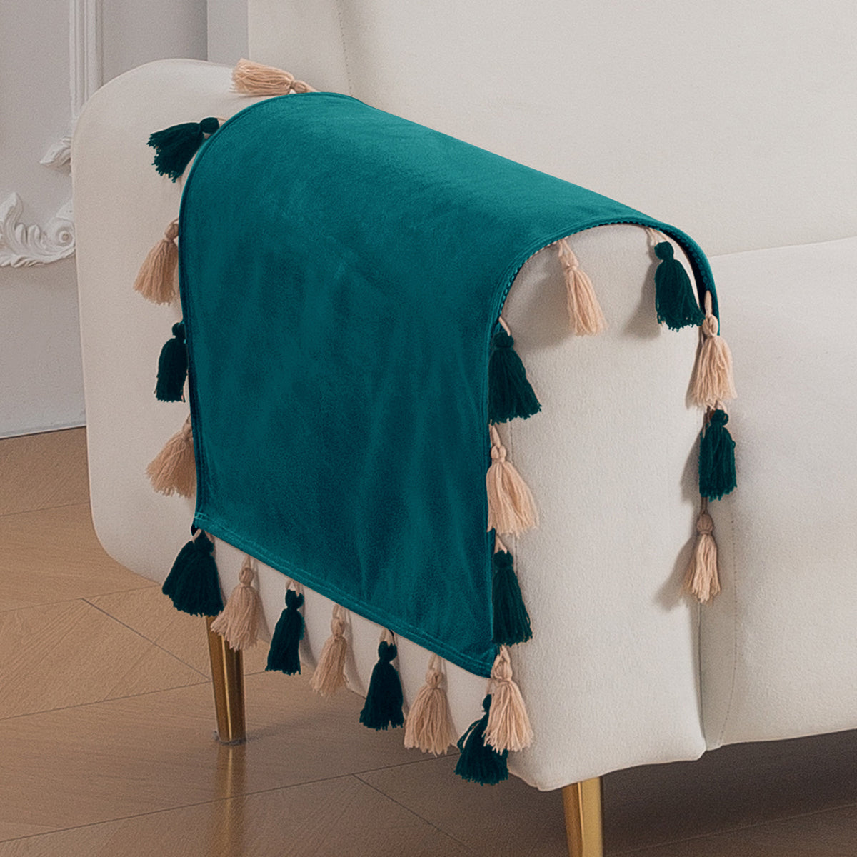 Tassel Tone Holland Velvet Sofa Cover Mat, Teal