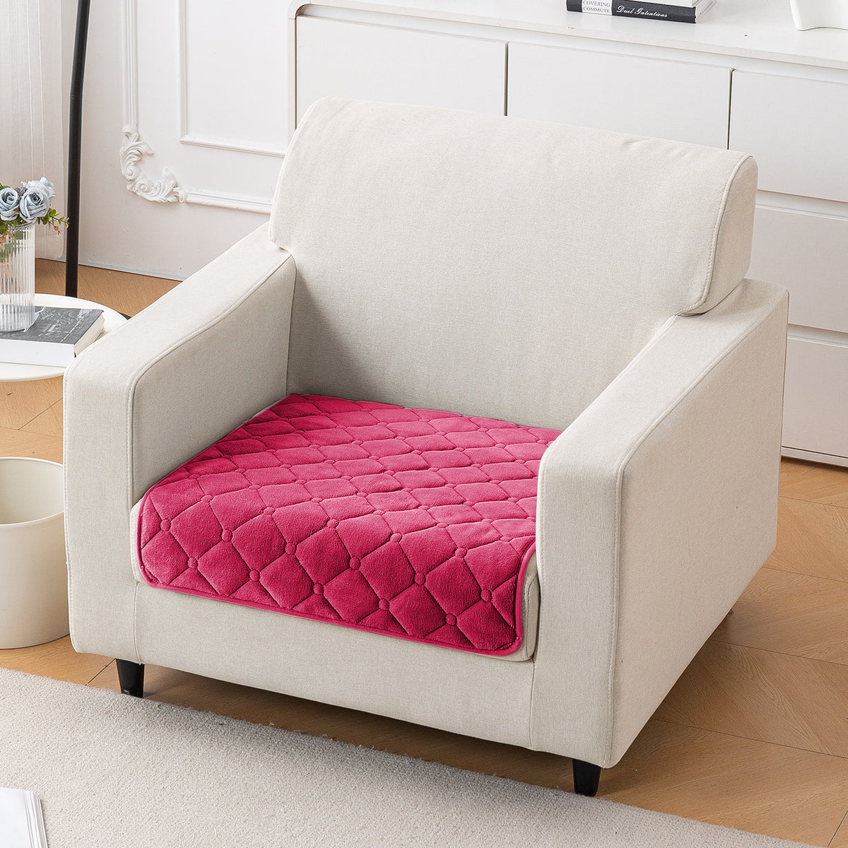 Diamond Tuft Plush Sofa Cover Mat, Raspberry Red