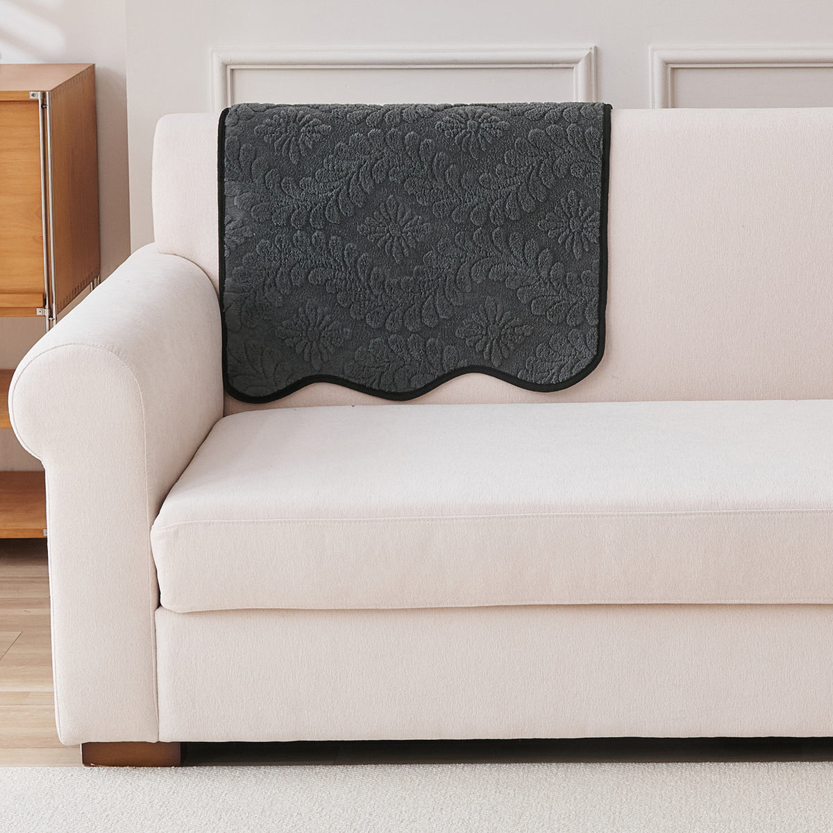 Embossed Floral Jacquard Anti-Slip Sofa Cover Mat, 'Wavy Petal Crest Series' Charcoal Grey