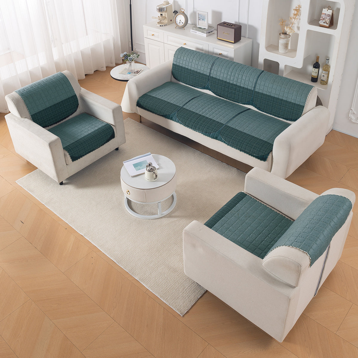 'Comfort Grid Series' Premium Quilted 5 (3+1+1) Seater Sofa Cover Set with Foam Filling | Oriental Blue