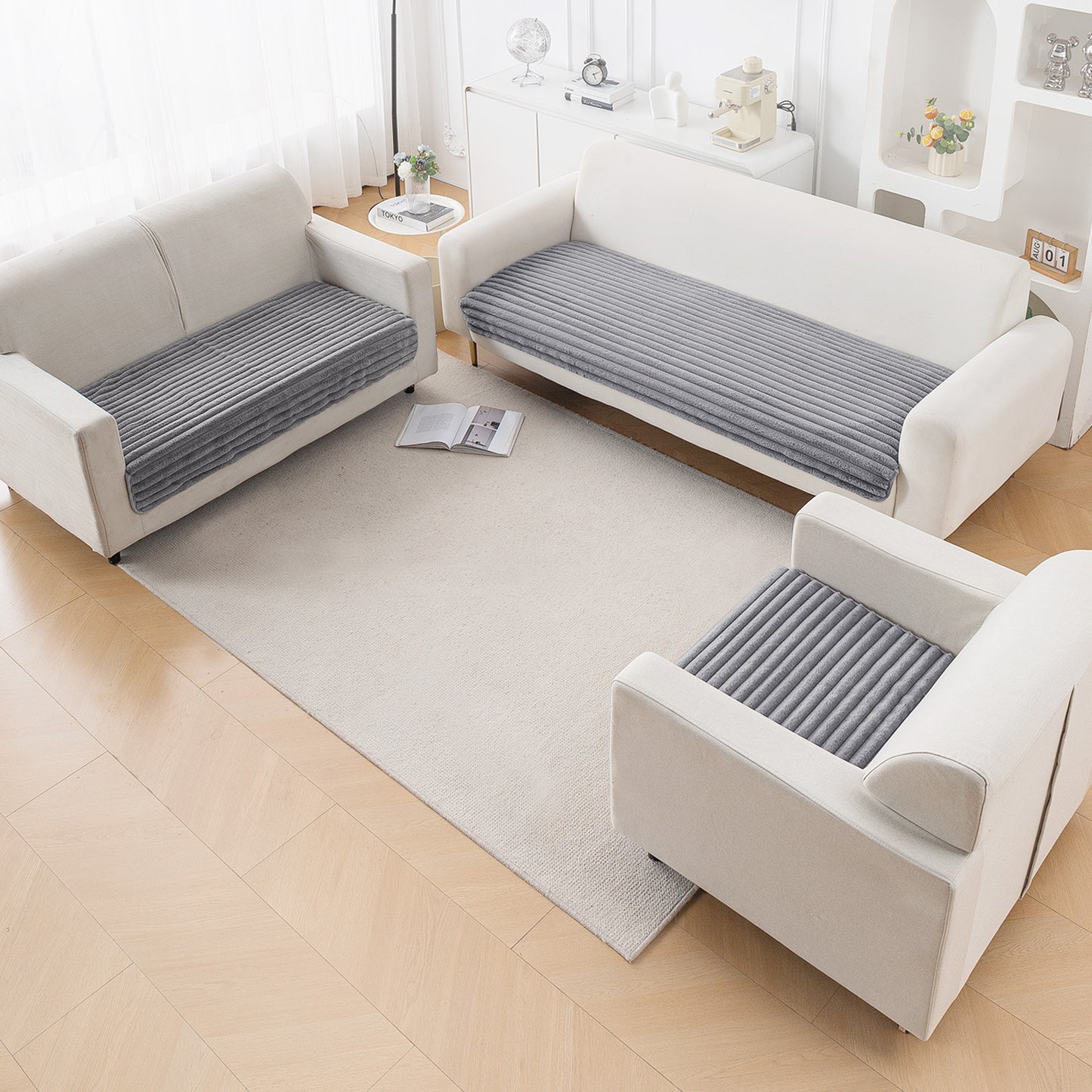 Faux Rabbit Fur Sofa Cover Combination Set, 'Snuggle Fur Series' Grey