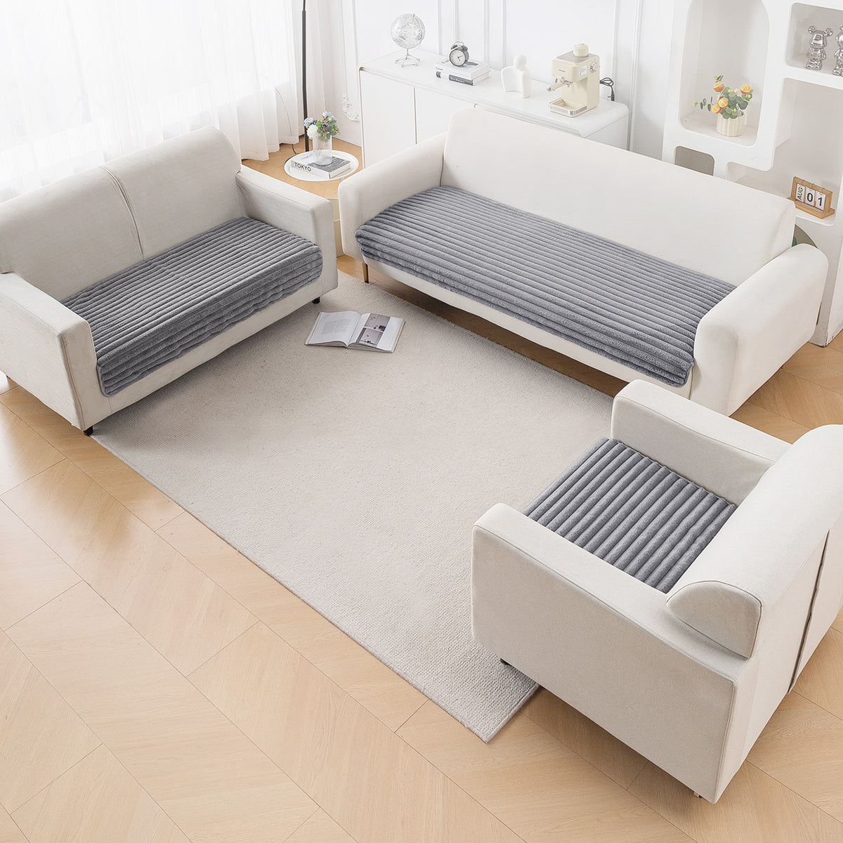 Faux Rabbit Fur Sofa Cover Combination Set, 'Snuggle Fur Series' Grey