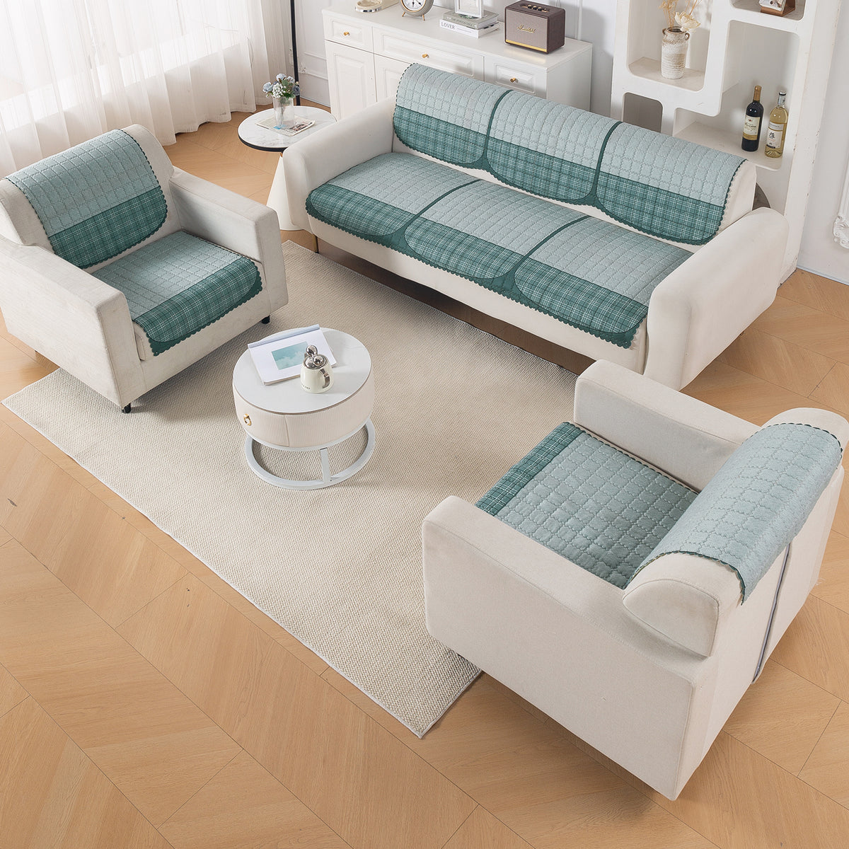 'Comfort Grid Series' Premium Quilted 5 (3+1+1) Seater Sofa Cover Set with Foam Filling | Gentle Blue