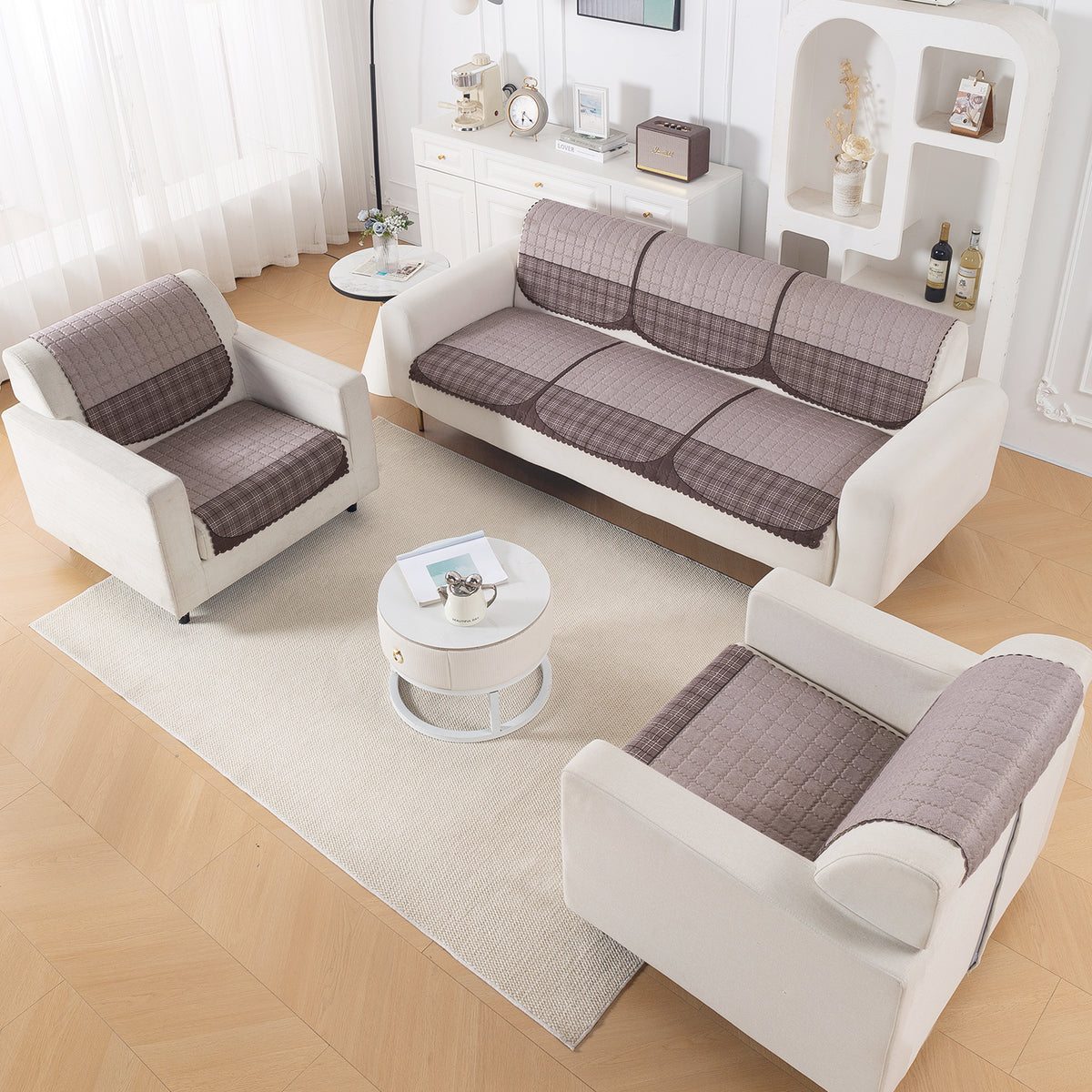 'Comfort Grid Series' Premium Quilted 5 (3+1+1) Seater Sofa Cover Set with Foam Filling | Plum