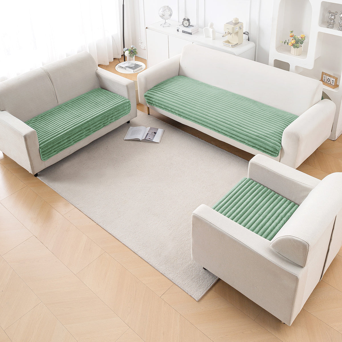 Faux Rabbit Fur Sofa Cover Combination Set, 'Snuggle Fur Series' Sage Green