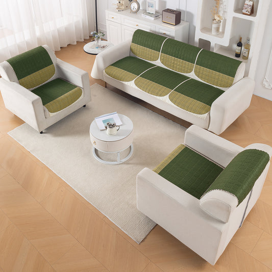 Premium Quilted 5 (3+1+1) Seater Sofa Cover Set with Foam Filling | 'Comfort Grid', Dark Olive Green