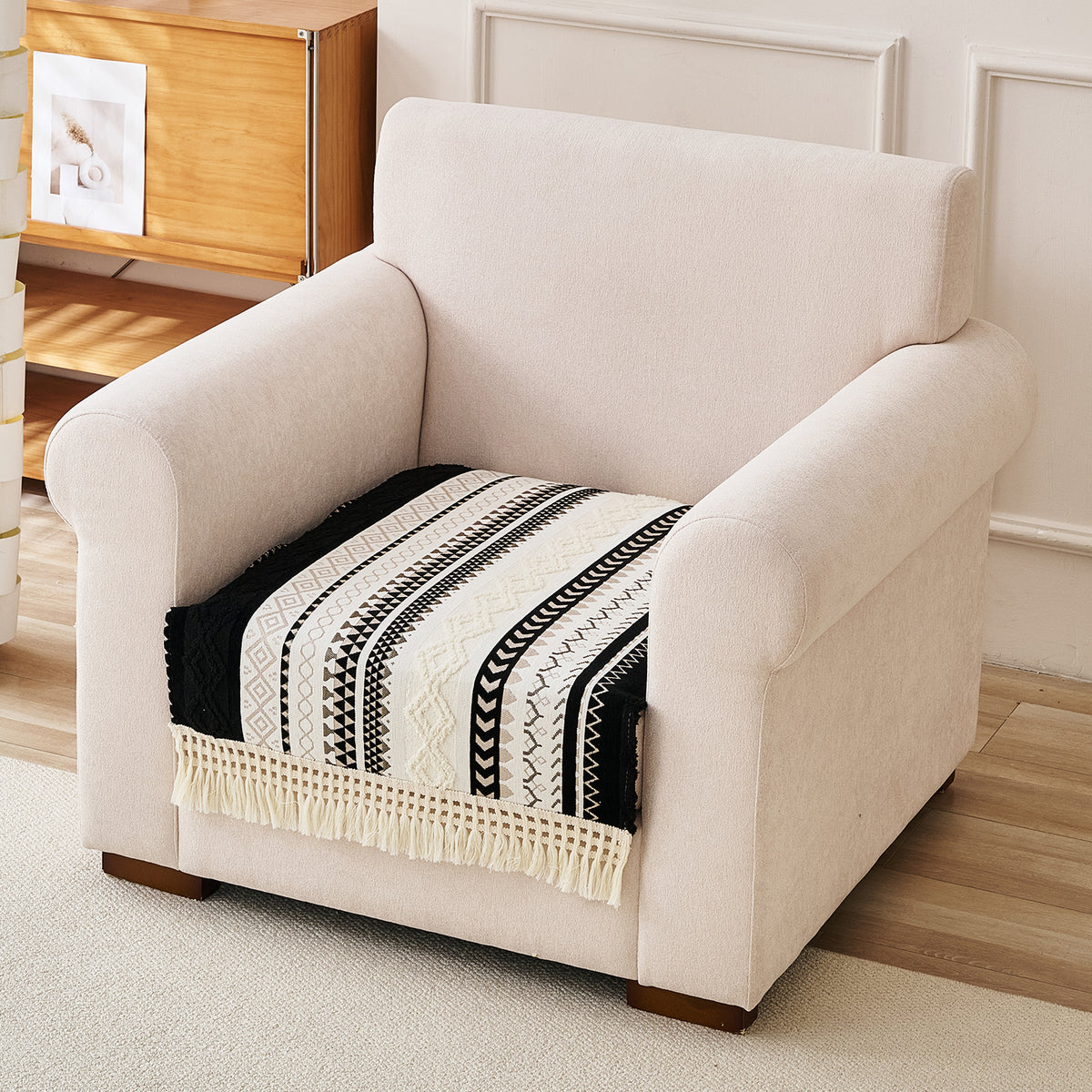 Nordic Boho Geometric Sofa Cover Mat with Tassel, 'Nordic Tassel Series'  Aurora Black