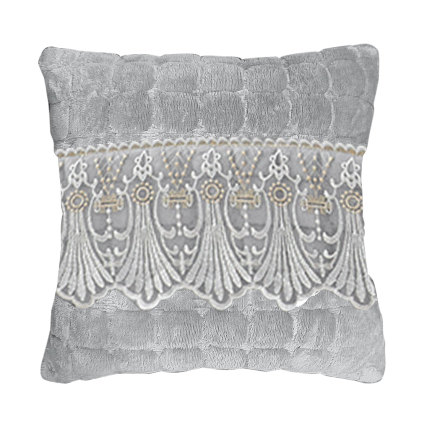 Premium Milk Velvet Sofa Cushion Cover with Lace Design, Cloud Grey