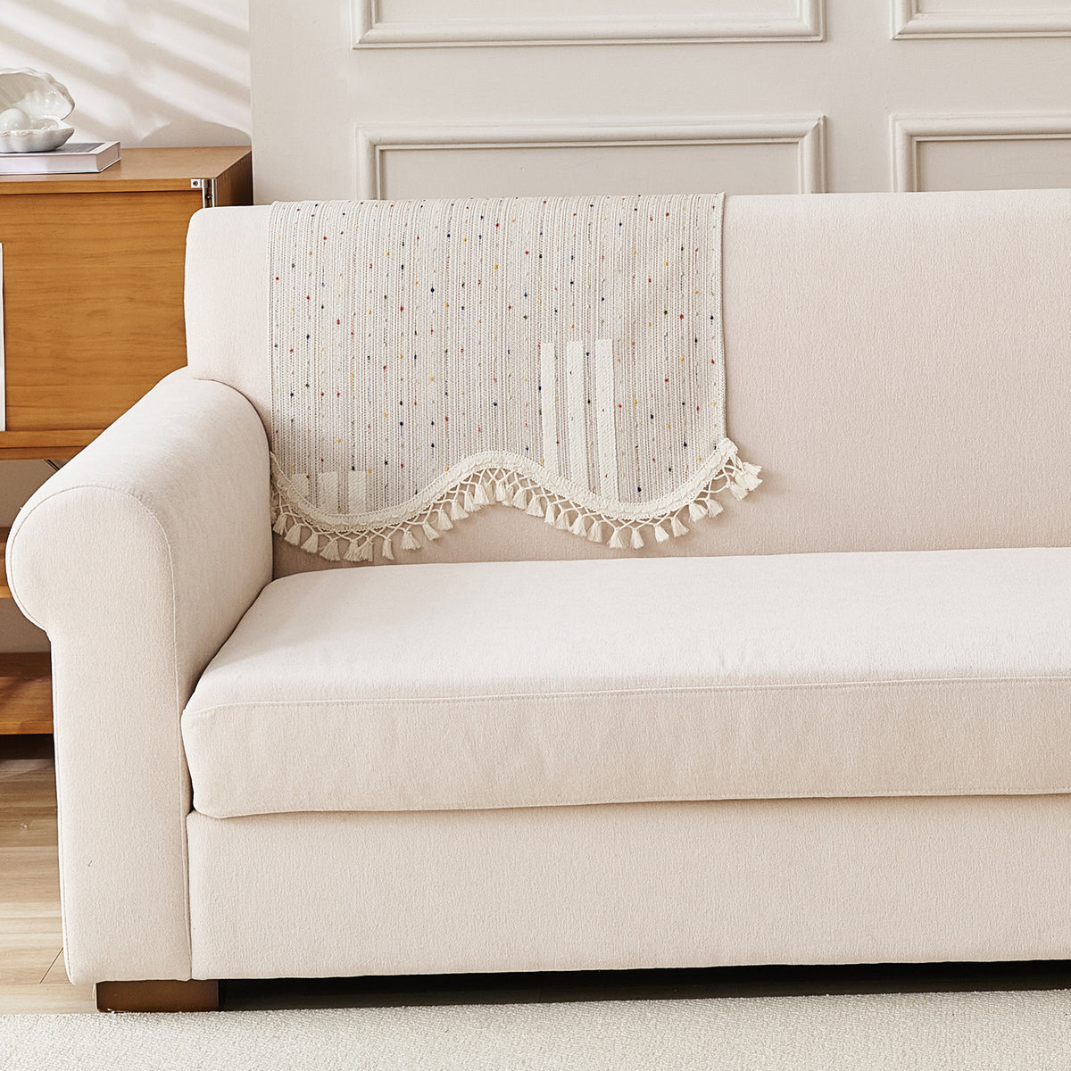 DreamWave Chenille with Tassels Sofa Cover Mat, Pastel Sand