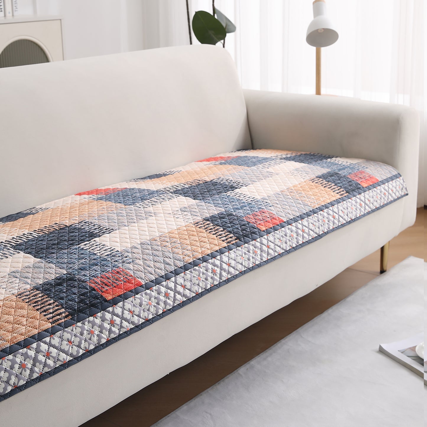 LiefNest Holland Velvet Sofa Cover Mat with Foam Filling -  Urban Grid Multicolor