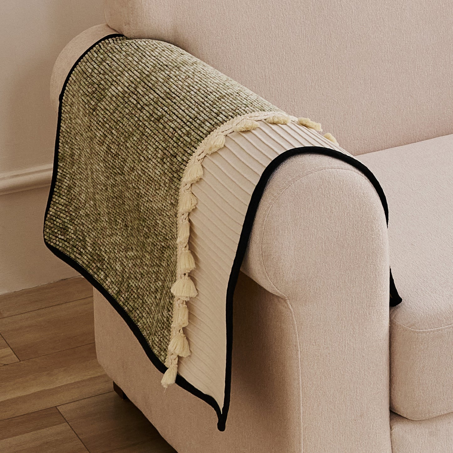 Thick Woven Weave Chenille Sofa Cover with Tassel|'Wavy Royale Series' Sage Green
