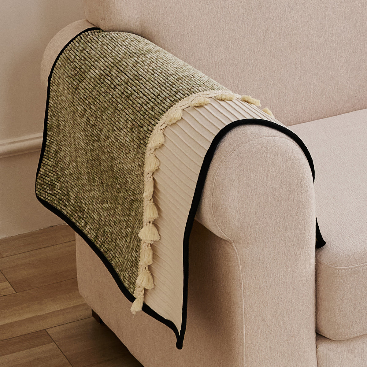 'Wavy Royale Series' Thick Woven Weave Chenille Sofa Cover with Tassel, Sage Green