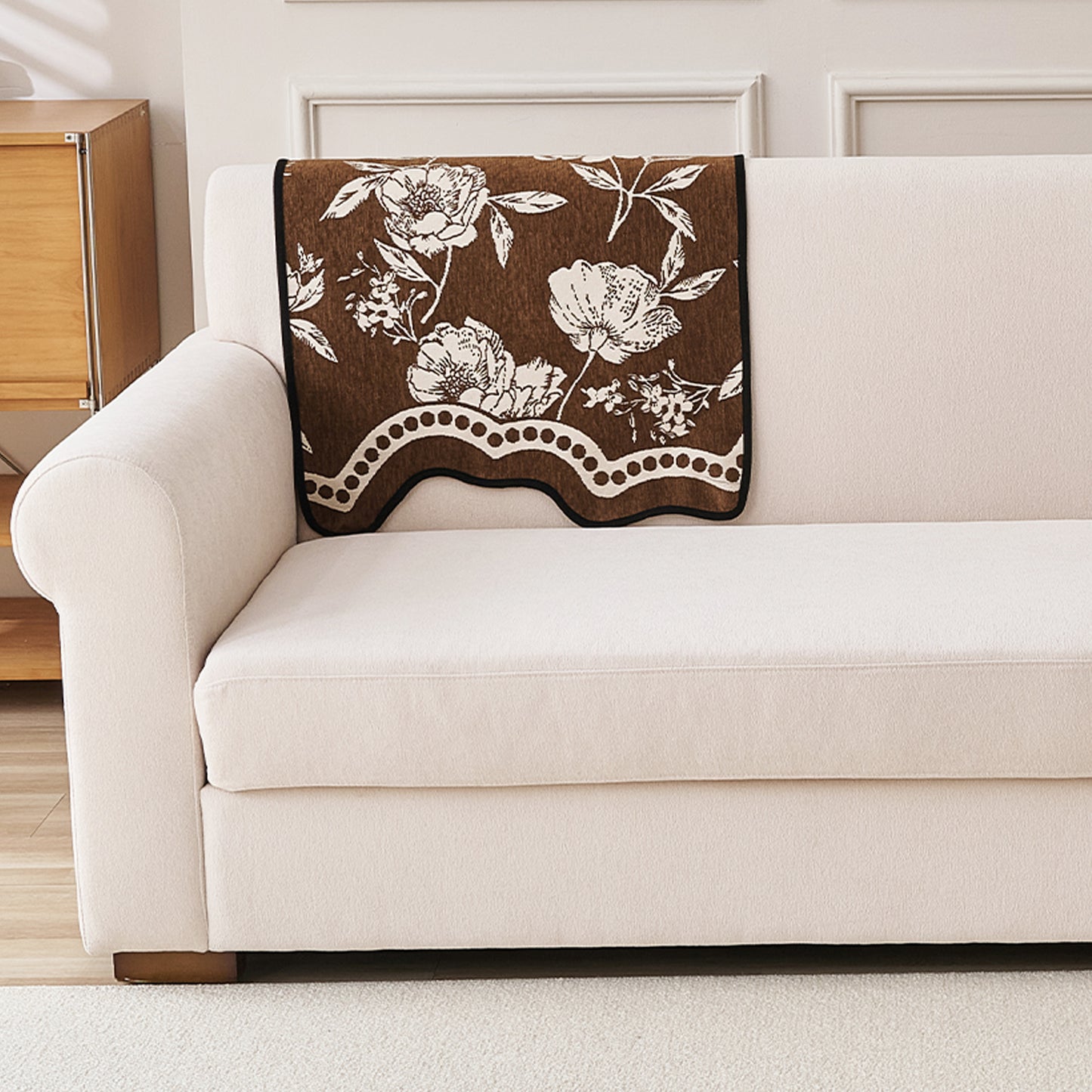 Chenille Sofa Cover Mat with Curvy Edges, 'Retro Curves Series' Sofa Mat, Walnut Brown