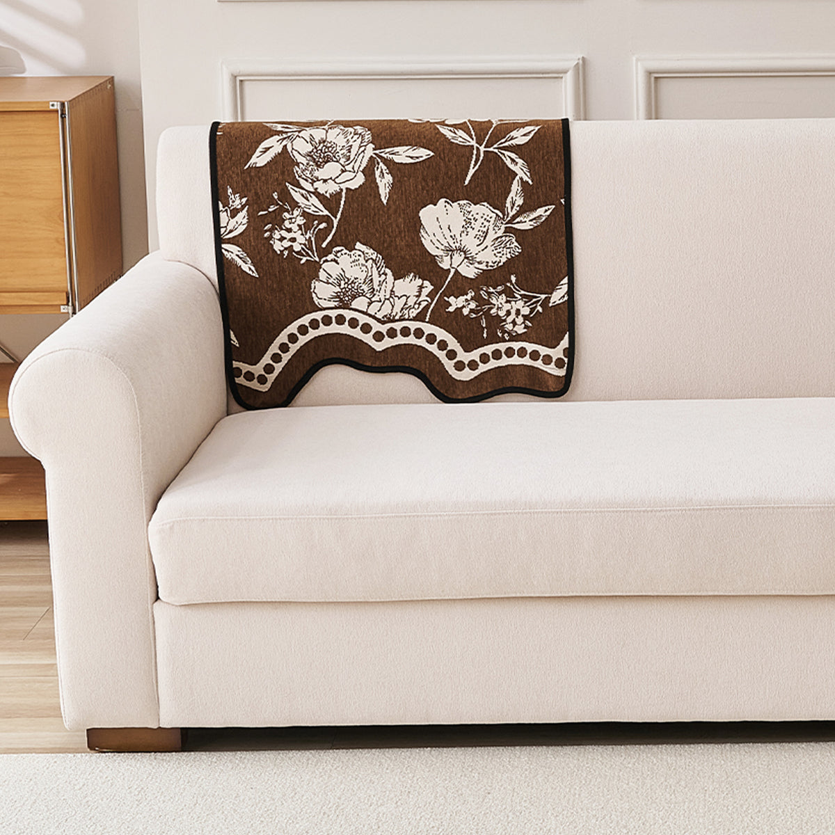 Chenille Sofa Cover Mat with Curvy Edges, 'Retro Curves Series' Sofa Mat, Walnut Brown