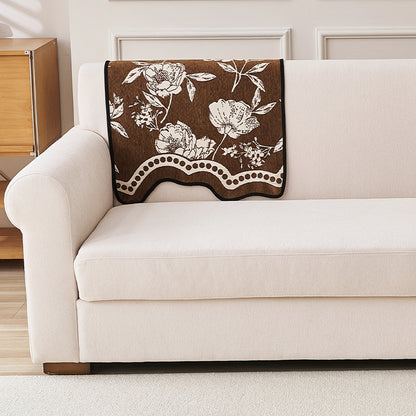 Chenille Sofa Cover Mat with Curvy Edges, 'Retro Curves Series' Sofa Mat, Walnut Brown