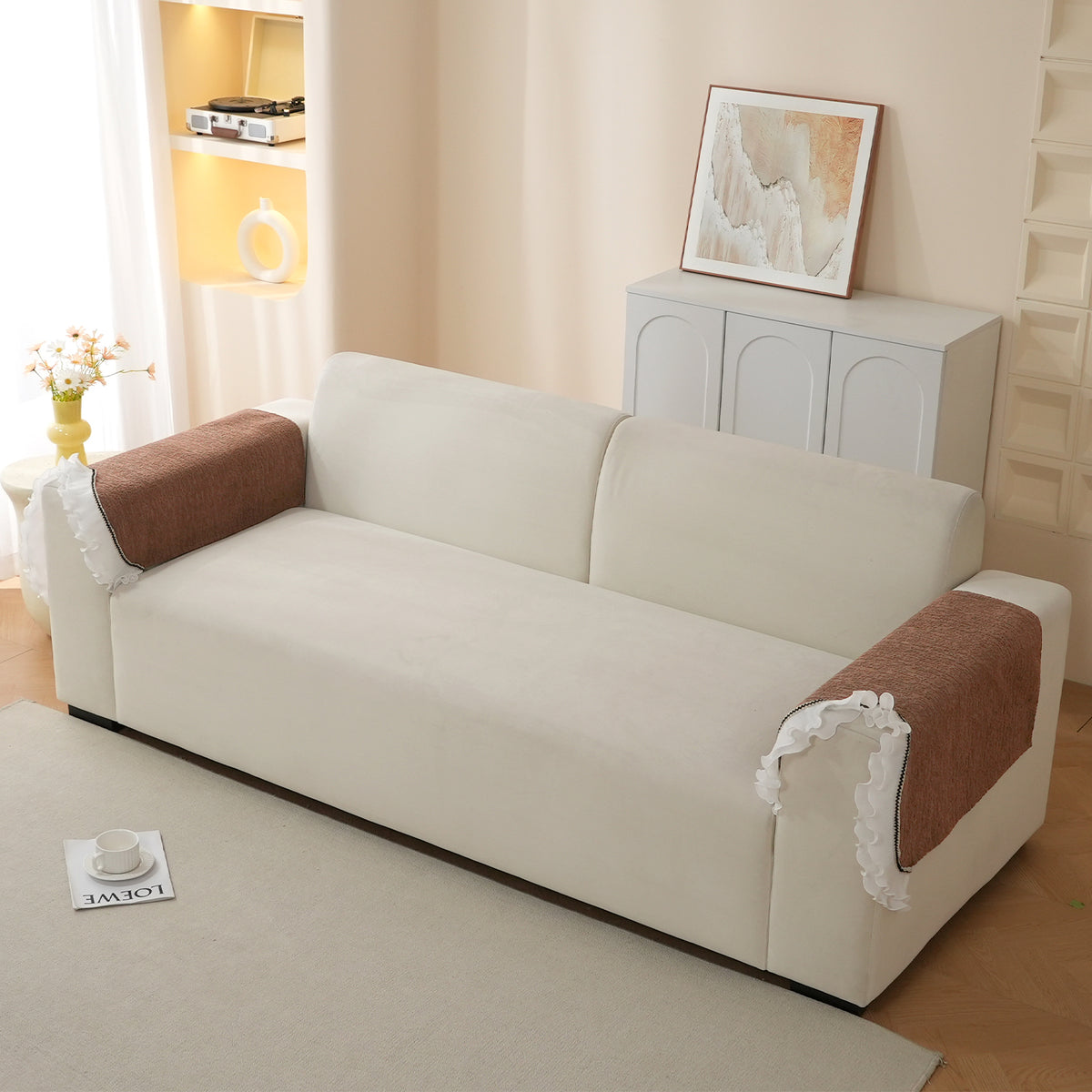 French Classic Frill Wavy Sofa Cover Mat, Mocha Luxe Brown