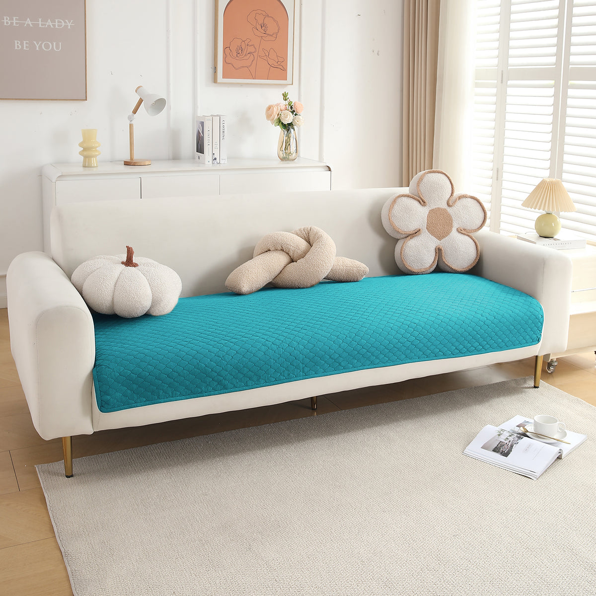 Polyester Quilted Sofa Cover Mats, Teal