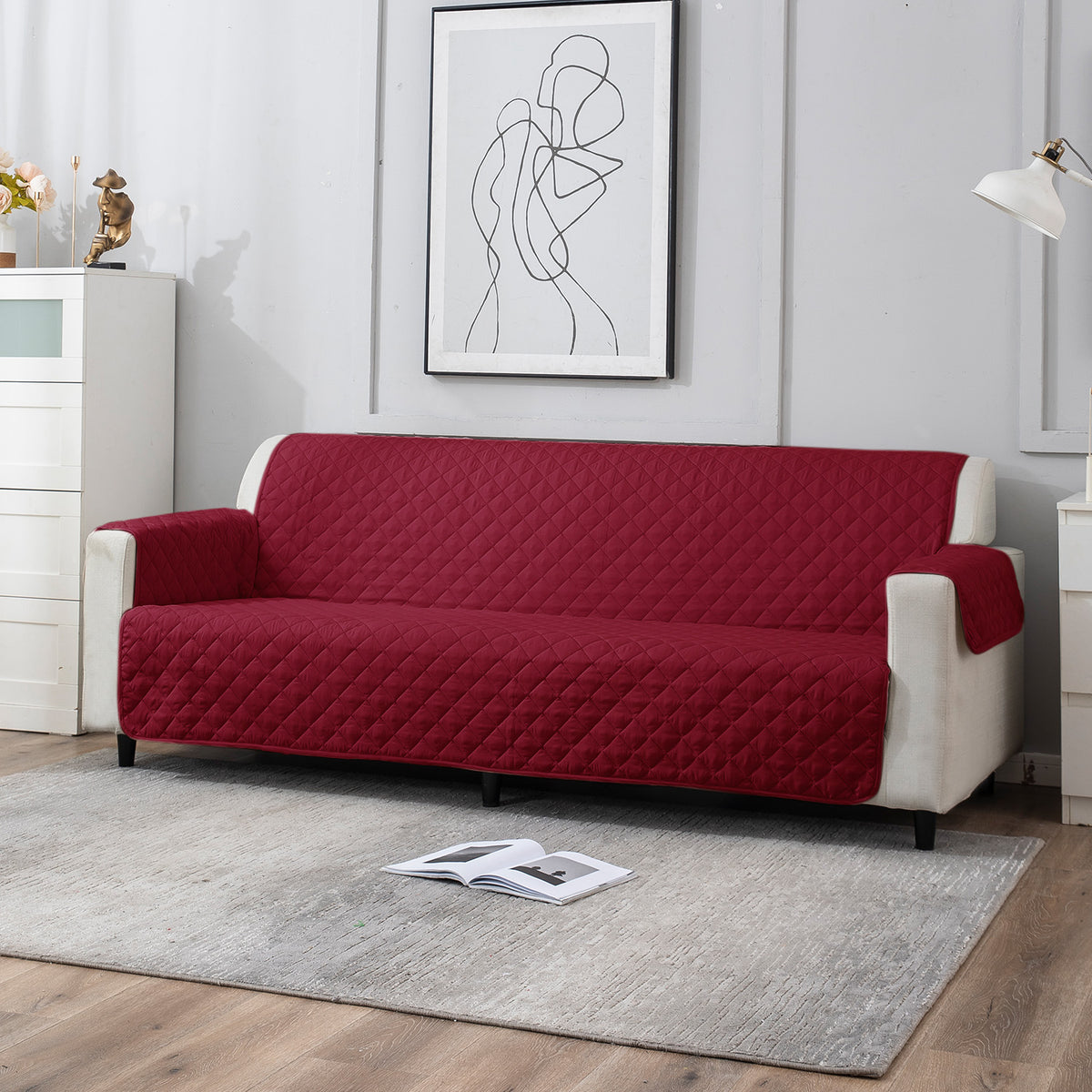 4 Seater Maroon Polyester quilted sofa cover set